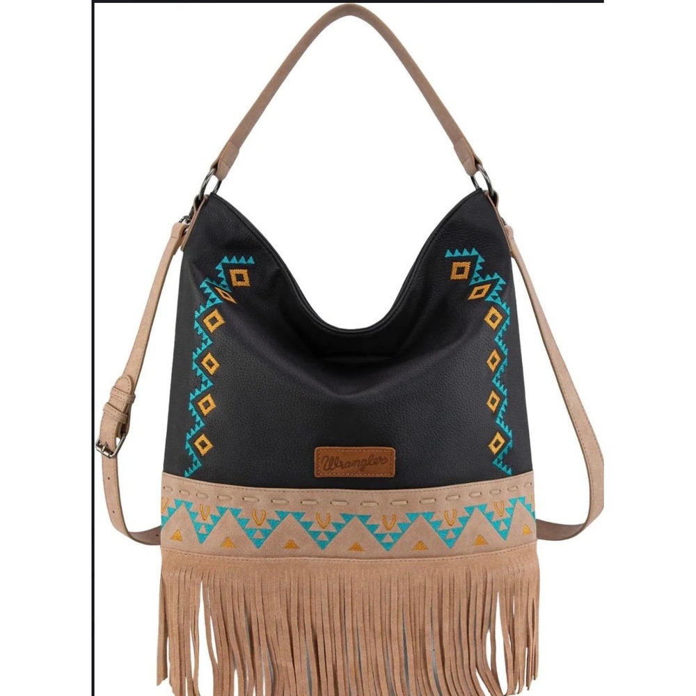 Wrangler Western Fringe Hobo Bag Black Tan Aztec Embroidery Crossbody Purse
